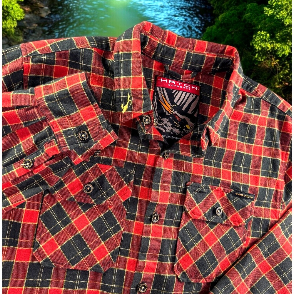 Hatch Flannel Shirt Men Med Red Fly Fishing Gear Flap‎ Pockets Rugged Trout